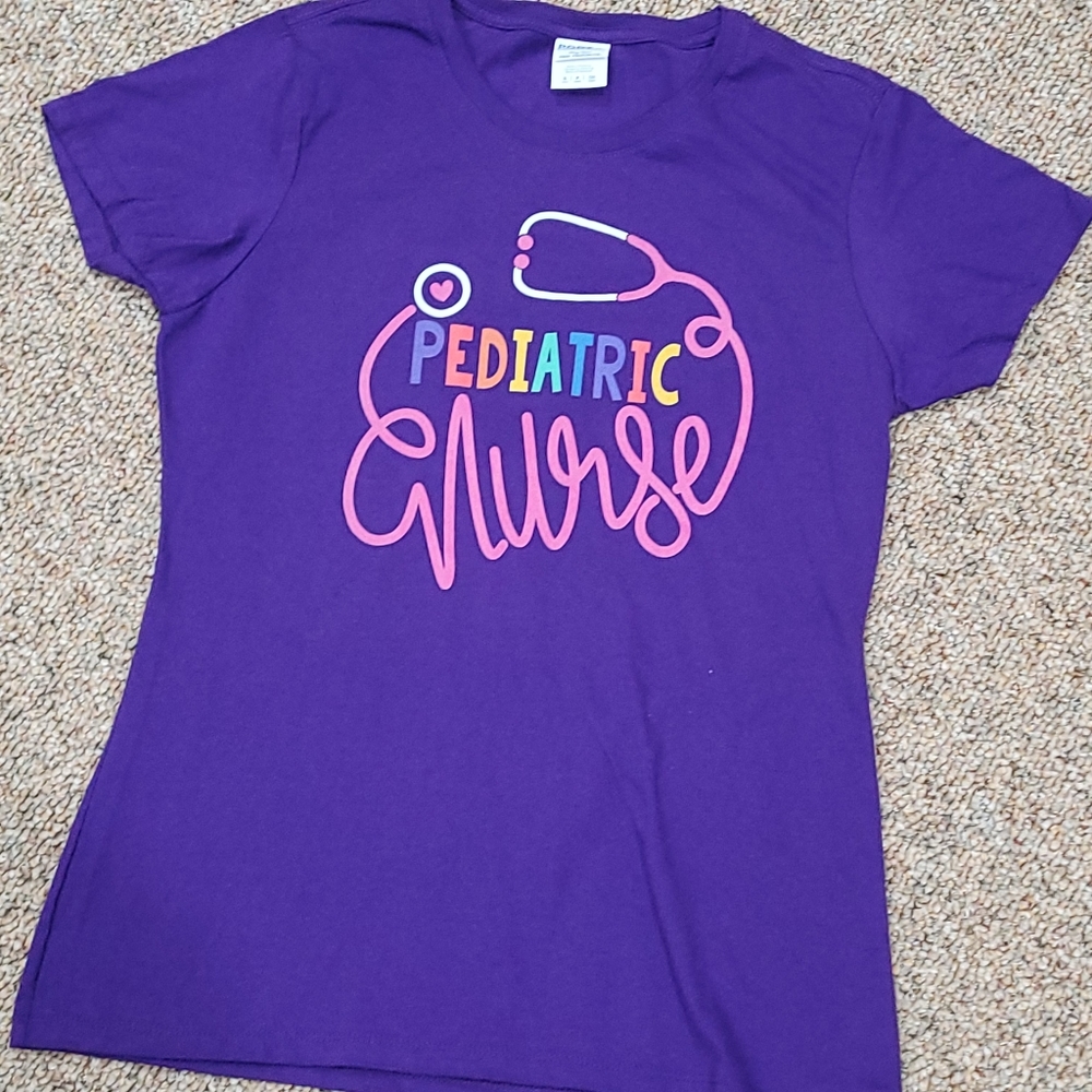 Purple Pink Colorful Pediatric Nurse Casual Tshirt, Small Fitted Nurse Tee